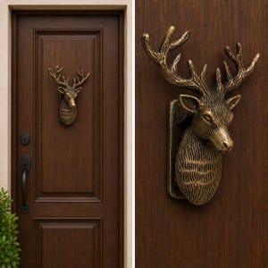 May include: A bronze-toned metal door knocker shaped like a deer head with detailed antlers and textured fur, mounted on a dark brown wooden door. The deer head features a realistic facial expression and is positioned above a black door handle.