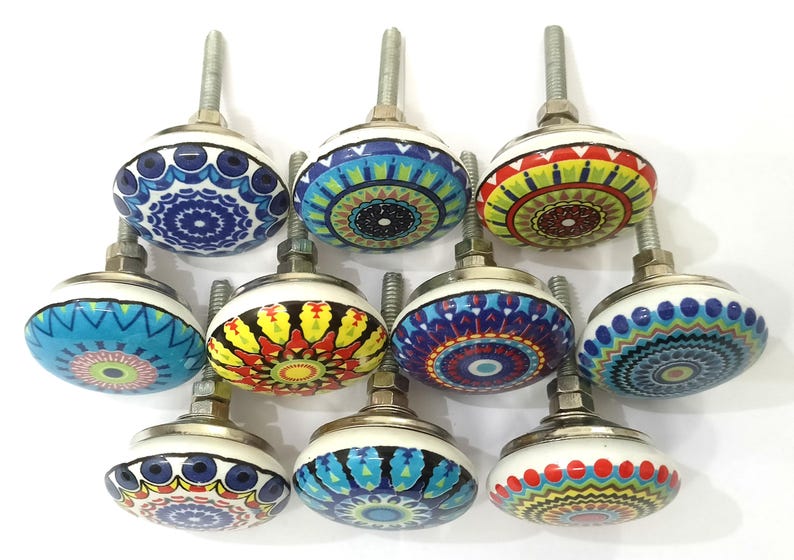 Ręcznie robione wielokolorowe ceramiczne gałki do szafek, dekoracyjny wzór mandali zdjęcie 2