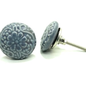 Light Grey Ceramic Knob, Vintage Floral Hardware (1.65" Diameter)
