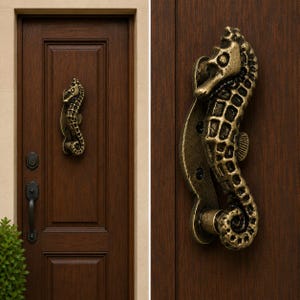 May include: A bronze-toned metal door knocker shaped like a seahorse with a textured, grid-like body and a curled tail. The hardware is mounted on a dark brown wooden door, featuring a vertical orientation with visible screw holes for attachment.