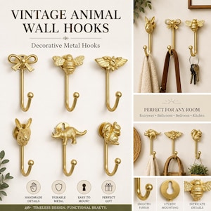 Może przedstawiać: Złote metalowe wieszaki ścienne z motywami zwierzęcymi, w tym królika, pszczoły i dinozaura. Wieszaki są oznaczone jako "Vintage Animal Wall Hooks" i "Decorative Metal Hooks."