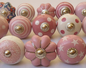 Pink Mixed Assorted Design Ceramic Knobs Ceramic Door Knobs Handpainted Ceramic Knobs Kitchen Cabinet Knobs Drawer Puller Pulls