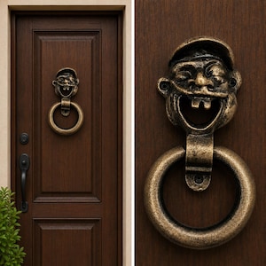 Peut inclure: Un heurtoir de porte en métal de couleur bronze représentant un visage sculpté portant une casquette avec une expression à la bouche grande ouverte. Un anneau circulaire est fixé à la partie inférieure du visage sur une porte en bois brun.