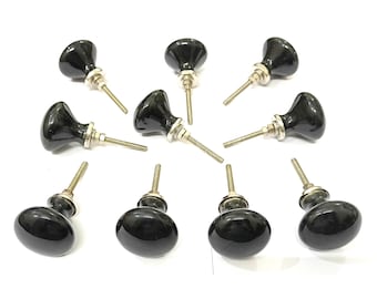 Black Vintage Ceramic Knobs, Handmade Cupboard Hardware