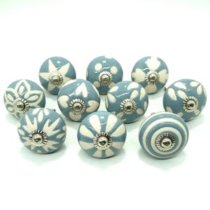 Handmade Grey Ceramic Knob, Handpainted Floral Cabinet Pull