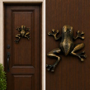 Può includere: Una scultura di rana in metallo color bronzo montata su una porta in legno marrone scuro. La rana presenta una finitura testurizzata e usurata con riflessi scuri e sfumature bronzo chiaro, raffigurata in una posa realistica e distesa.