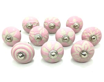 手描きのピンクのセラミックノブ、花柄のキャビネット引き出し取っ手