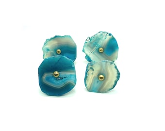 Pomelli in pietra di agata blu, maniglie per cassetti in ottone - Set di 4