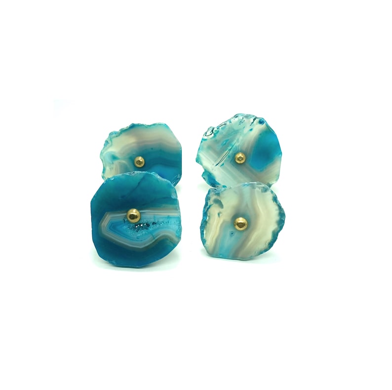 Blue Agate Stone Knobs, Brass Drawer Pulls - Set of 4 image 1