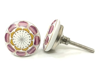 Perilla de cerámica rosa y dorada hecha a mano, herraje decorativo para muebles