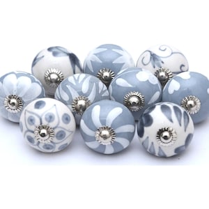 Handpainted Grey Ceramic Knob, Mixed Design, Cabinet Hardware