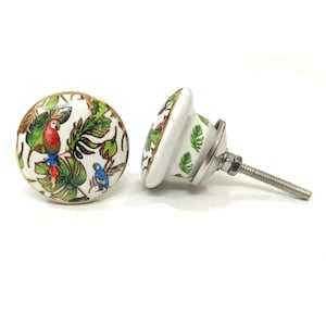 Parrot Design Ceramic Knob, Gold Accent Cabinet Hardware