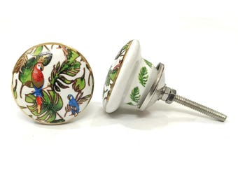 Parrot Design Ceramic Knob, Gold Accent Cabinet Hardware