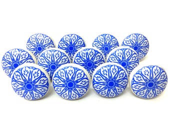 Blue and White Ceramic Knobs, Handmade Floral Drawer Pulls