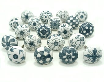 Handpainted Ceramic Drawer Knob: Grey & White Floral, 1.5”