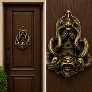 May include: A dark bronze-colored metal door knocker featuring a central face with a beard, flanked by two smaller faces on the sides, all integrated into an ornate, symmetrical scrollwork design mounted on a dark brown wooden door.