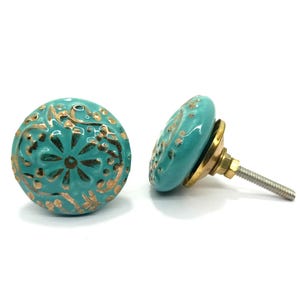 Handmade Sea Green Ceramic Knob with Golden Detail