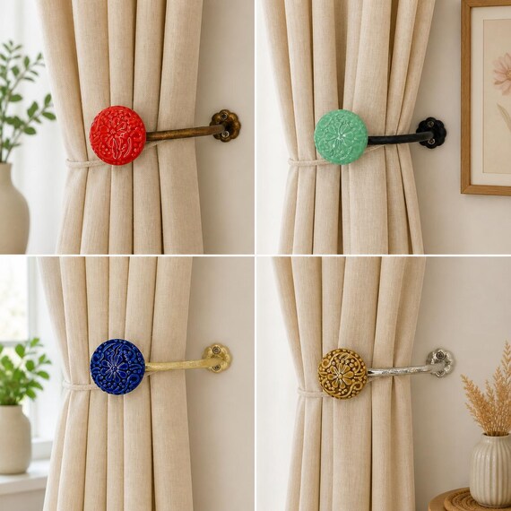 Ceramic Curtain Tie Back Hooks, Decorative Wall Mounted Curtain Holdbacks, Boho Curtain Tiebacks, Handmade Curtain Holder, Drapery Hook