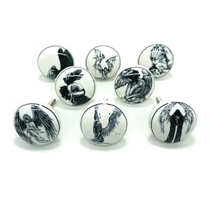 Angel Ceramic Knobs, Handmade Black and White Cabinet Hardware