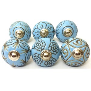 Pomo de cerámica azul cielo, tirador de cajón de gabinete con diseño floral vintage