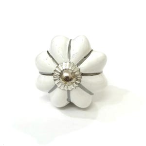 Pomo de cerámica blanca con diseño de flor, línea plateada, tirador de cajón vintage