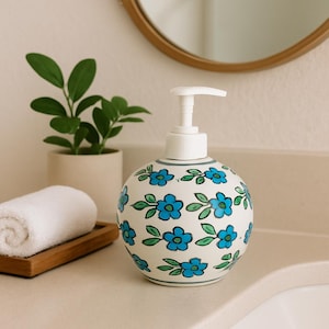 Dispensador de jabón de cerámica pintado a mano, decoración floral para el baño