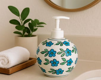 Hand-Painted Ceramic Soap Dispenser, Floral Bathroom Decor