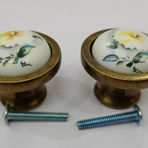 Pu&ograve; includere: Due pomelli per armadi in ottone con top in ceramica bianca che presentano un fiore giallo con foglie verdi. Ogni pomo viene fornito con una vite argentata.