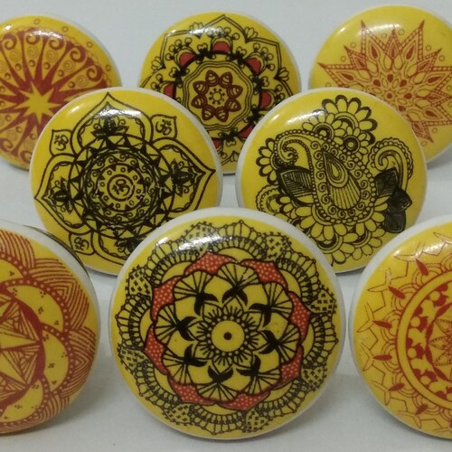 Yellow Color Mixed Assorted Design Ceramic Knobs Kitchen Etsy