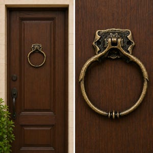 May include: A circular brass door knocker with a distressed, antique finish mounted on a dark brown wooden door. The knocker features a textured, ornate backplate and a simple ring design with three small decorative bands at the bottom centre.