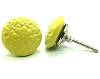 Yellow Ceramic Knobs, Vintage Style, Handmade Cupboard Hardware