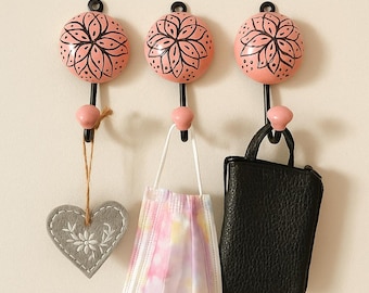 Hand-Painted Ceramic Wall Hooks - Pink Floral Decor, Set of 3