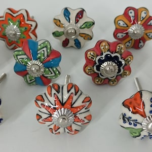 Dotted Mix Color Multi Designed Ceramic Cupboard Cabinet Door Knobs Drawer Pulls & Chrome Hardware - Hand Painted Pulls