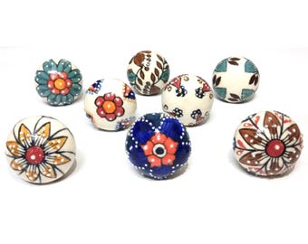 Handpainted Ceramic Drawer Knob - Multicolor Floral Kitchen Cabinet Hardware