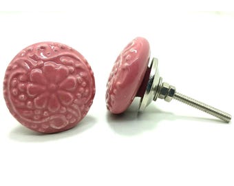Pomos de cerámica rosa, estilo vintage, herrajes para armarios hechos a mano