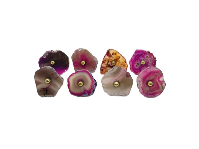 Pink Agate Stone Knobs, Brass Cabinet Drawer Pulls, Set of 8 image 3