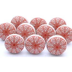 Handmade Red and White Ceramic Knobs, Floral Cabinet Hardware