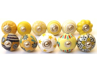 Yellow Ceramic Knobs, Mixed Design Drawer Pulls