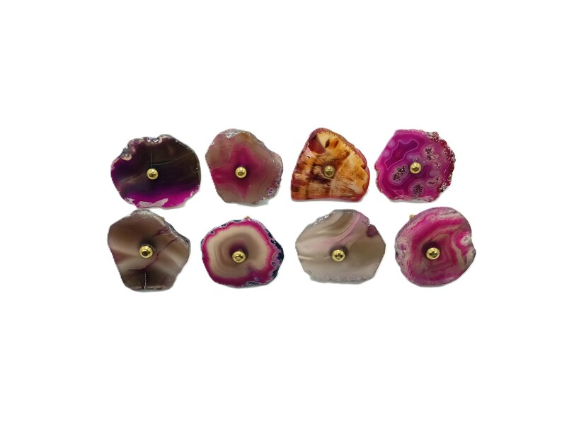 Pink Agate Stone Knobs, Brass Cabinet Drawer Pulls, Set of 8 image 2