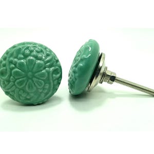 Sea Green Ceramic Knob, Vintage Floral Cabinet Hardware