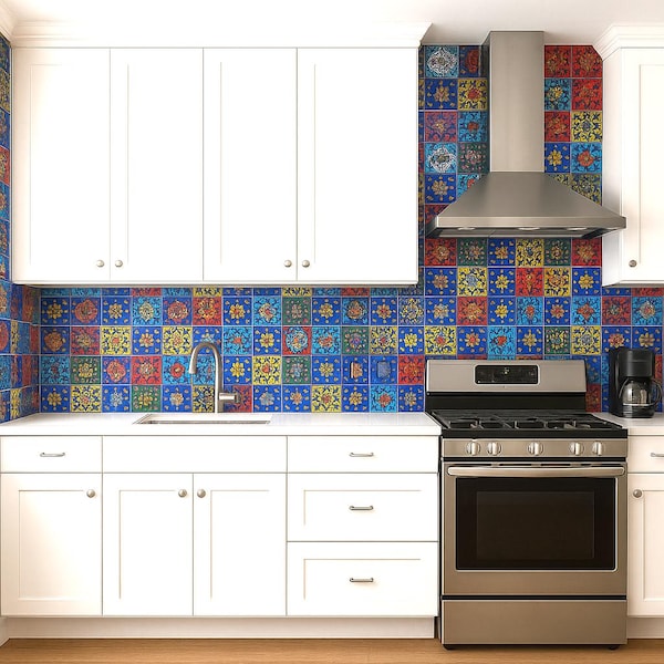 Piastrelle in ceramica indiana dipinte a mano, piastrelle decorative multicolori (3x3 pollici)