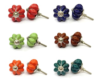 Hand-Painted Pumpkin Ceramic Knob: Silver Striped Drawer Pull