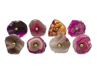 Puxadores de gaveta de armário em pedra ágata rosa, em latão, conjunto de 8