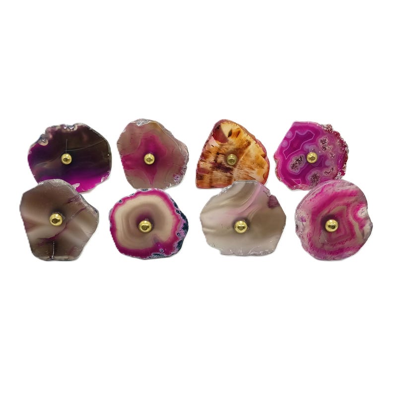 Pink Agate Stone Knobs, Brass Cabinet Drawer Pulls, Set of 8 image 1