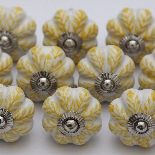 Yellow Color Leaf Design Ceramic Knobs Handpainted Kitchen Etsy