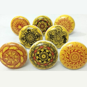 Yellow Ceramic Knobs, Handmade Mandala Furniture Hardware