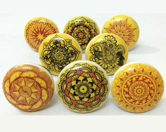 Yellow Ceramic Knobs, Handmade Mandala Furniture Hardware