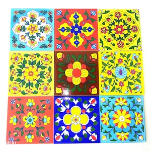 Handbeschilderde keramische tegels, vintage Indiaas decor (4 x 4 inch)