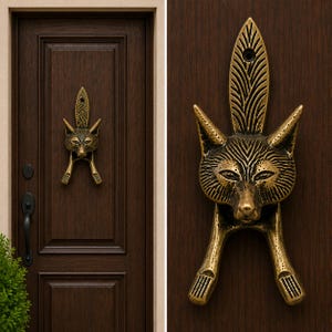 May include: A brass-toned metal door knocker shaped like a fox head with pointed ears and a textured tail extending upward. The fox features detailed facial markings and two downward-extending front paws, mounted on a dark brown wooden door.