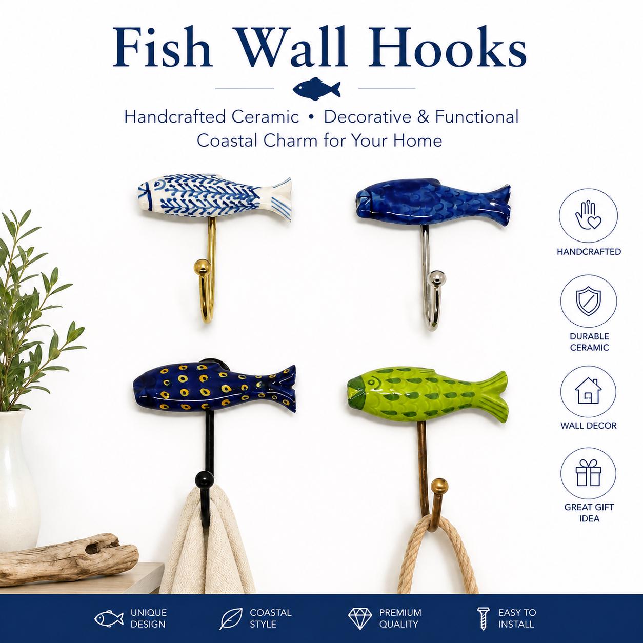 decorative fish wall hooks Ceramic Fish Wall Hook – Nautical Coastal Bathroom Key Hanger